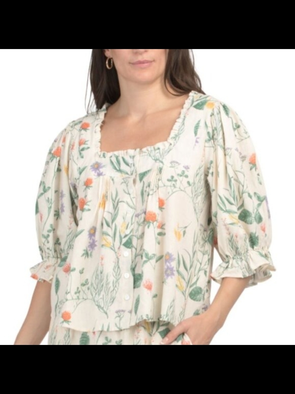 Laura Ashley Cream Floral Square-Neck Puff Sleeve Blouse